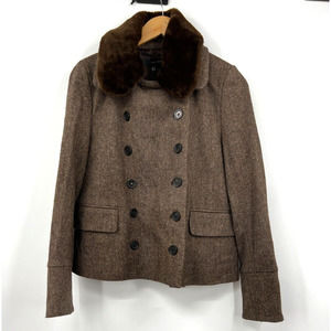 Zara Herringbone Jacket‎ Womens Medium Tweed Fur Trim Wool blend Jacket Brown
